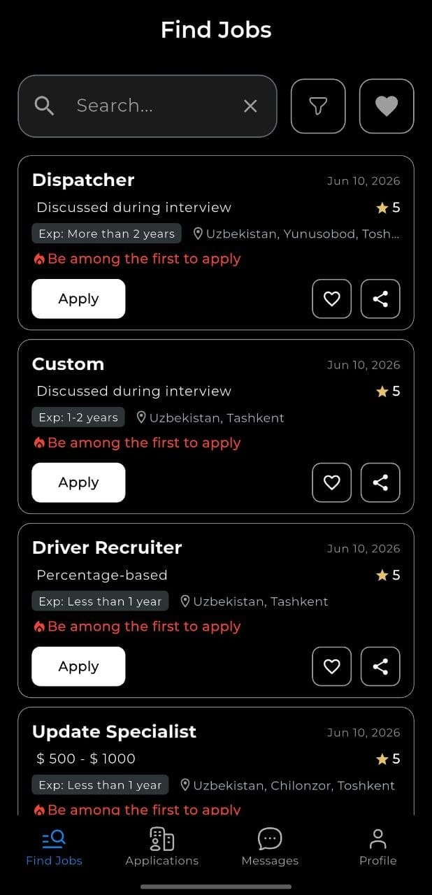 HuntME Jobs app — find jobs feed